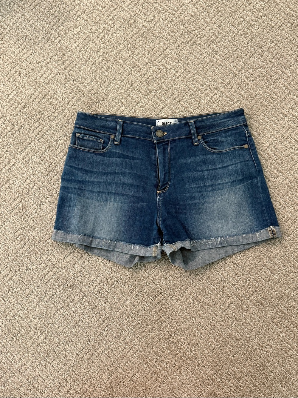 PAIGE Dark Blue Denim Cuffed Jean Shorts